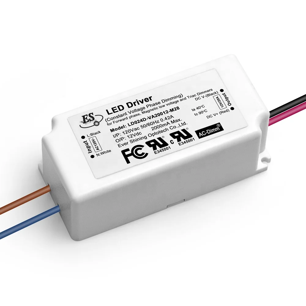 Es Ul Cul 120V Ac 12V 24V Dc 1A 2A 24W Constant Voltage Leading Edge  Triac ELV Dimming Led Driver