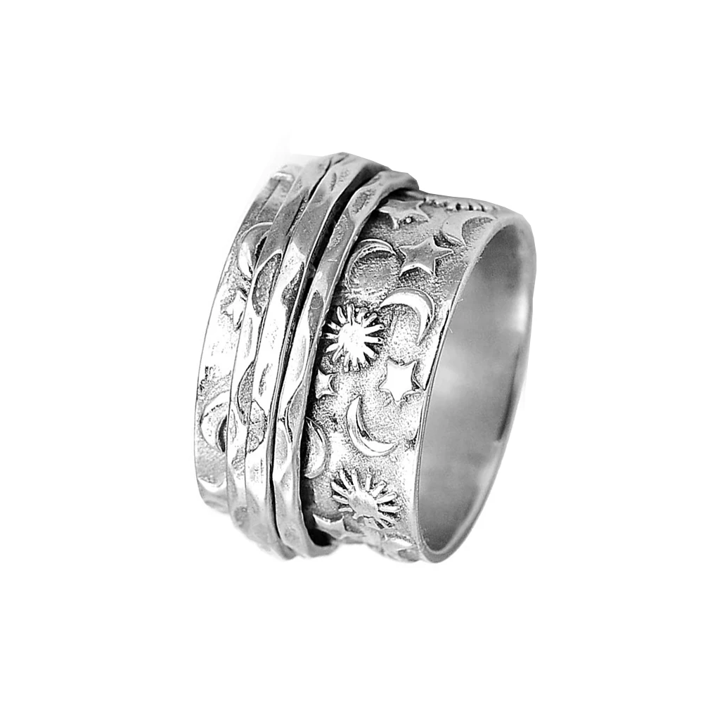 new 11mm three rings silver  spinner rotatable decompression stainless steel ring sun star moon Finger Rings