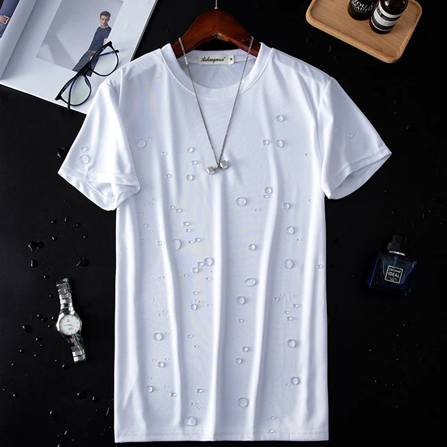 Summer Breathable Comfort Waterproof Stain Resistant White Distress T-shirt Tech Nano Hydrophobic Fitness Plain T Shirt For Men