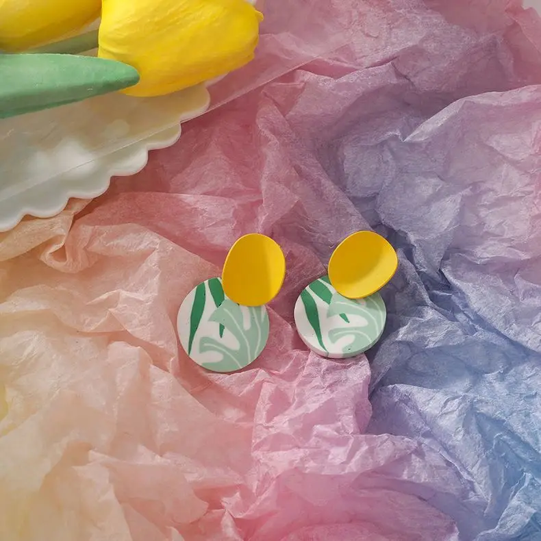 Bohemian Fashion Concave Alloy Handmade Round Polymer Clay Earrings For Women Jewelry