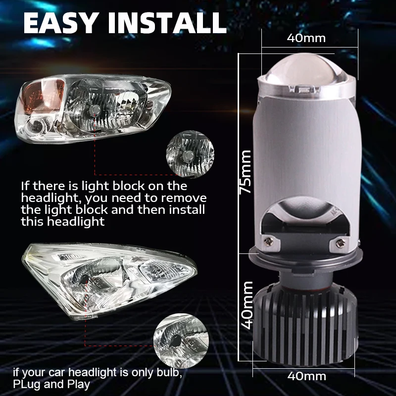 Sanvi High Quality 12V 5500K 35W H4 Mini LED Projector Lens Headlights for Automotive Available for Hilux Universe Fit Models