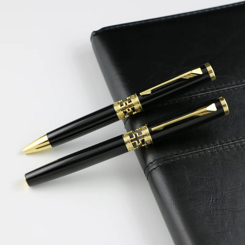 Luxury double pen set elegant white rose gold carved embroidery rollerball ballpoint pen sublimate pen black