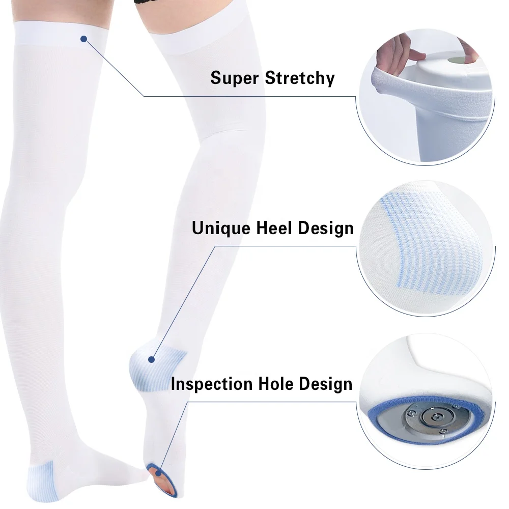 Wholesale 13-18mmHg Compression Anti-embolism Stocking Elastic Nylon Thigh High Socks White Color