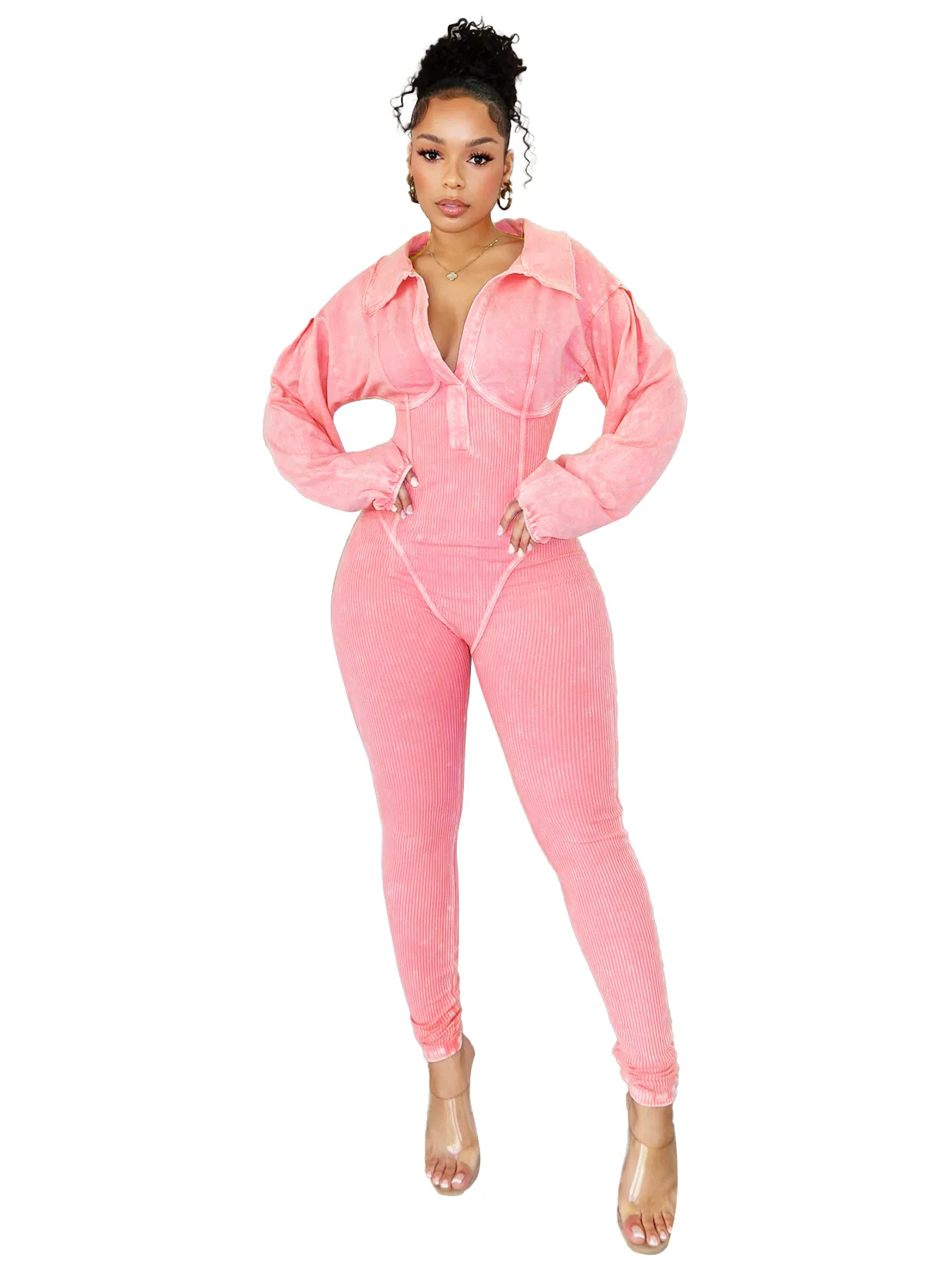 Womens Long Sleeve Jumpsuits One Piece Washed Bodycon Sexy LongJumpsuit Women Clothing 2024 Spring Summer