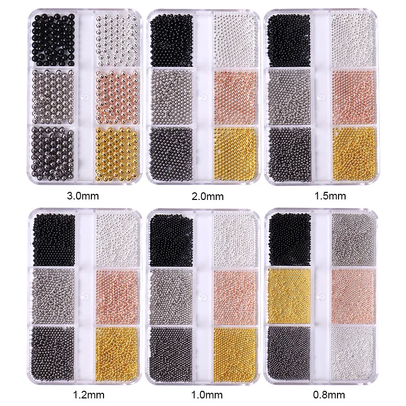 6 Grids/Box Professional Nail Art Stainless Steel Mini Gold and Silver Rose Gold Metal Mini Caviar Nail Beads 3D Decoration DIY