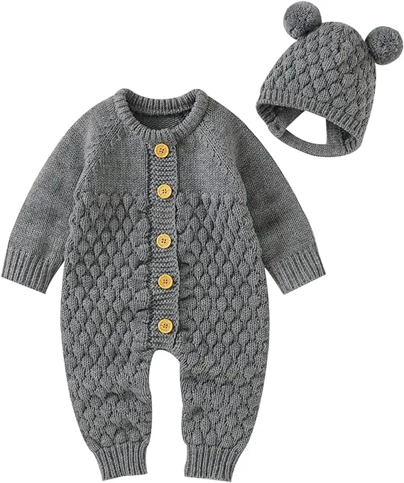 New Born Baby Wholesale Custom Clothes Set 0-3 Months Knitted Sweater Romper with Beanie Hat for kids