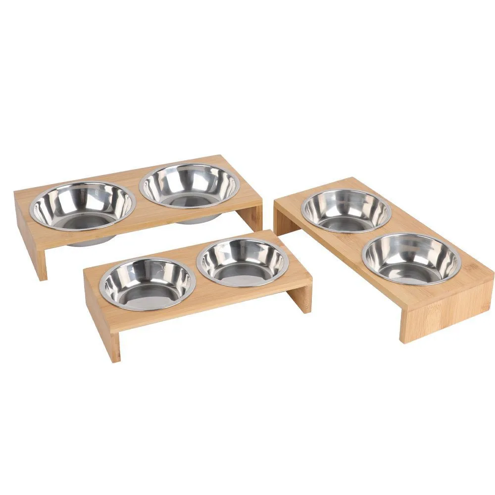 Wooden Shelf Double Bowl Ceramic Stainless Steel Cat And Dog Bowl For Pet Food Pet Bowl