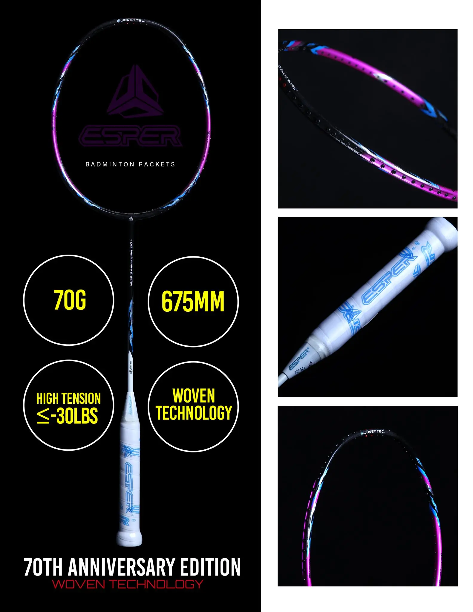 Konmat Sports Factory 70th Anniversary Badminton Rackets JapanToray 700 Carbon Fiber 4U + 7U PU Super Light 30LBS Woven Rackets