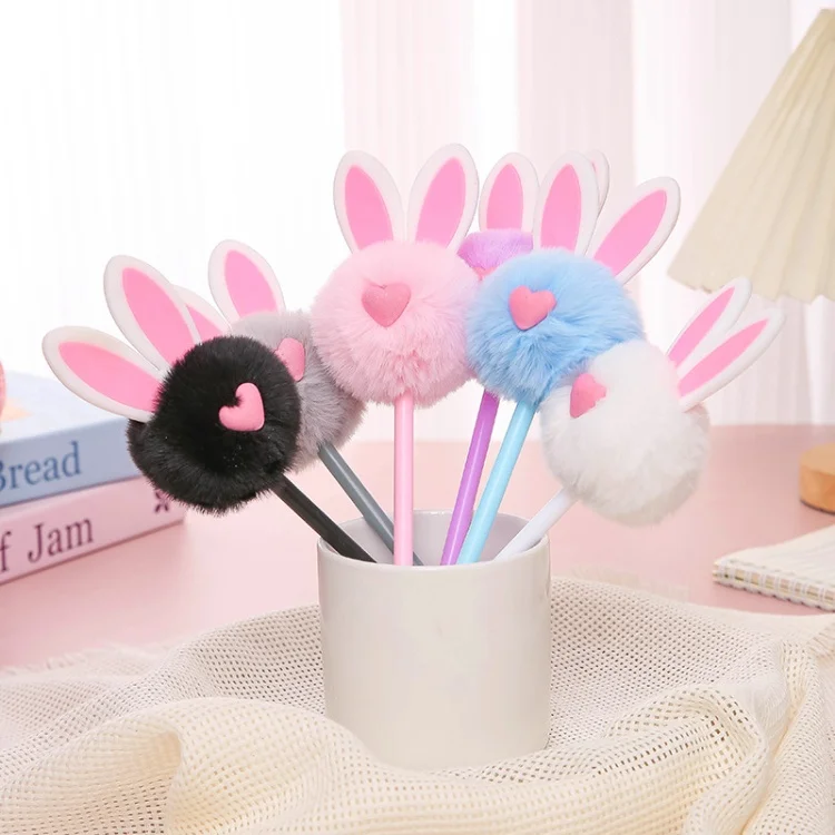 Fluffy ballpoint pen Fur Pom Bunny Kawaii School Supplies Cute Cartoon Rabbit Plush Pens Boys Girls Fun Pen for kids Easter gift