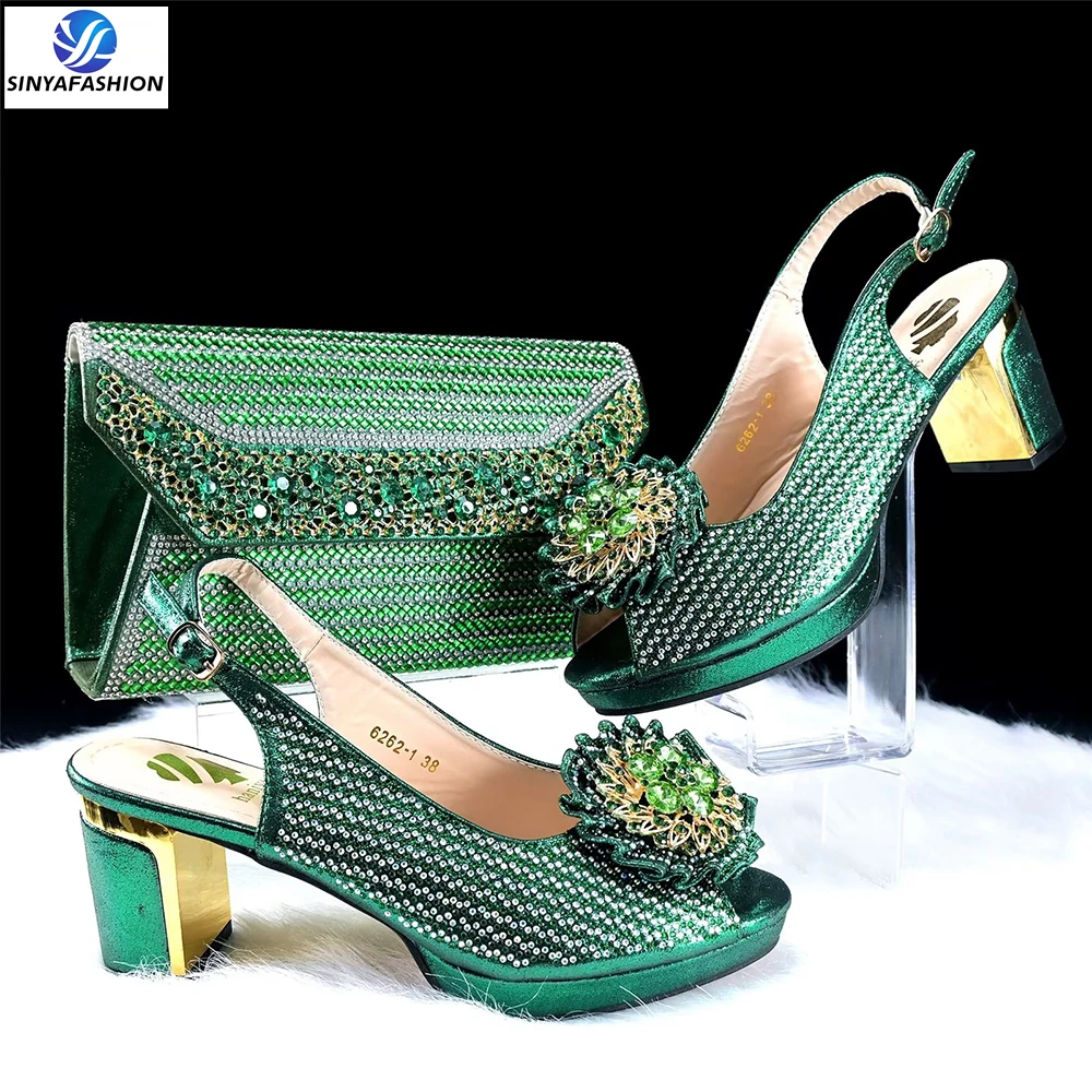 Sinya High Quality Material Shinning Design Green Red Color Design Shoes And Bags Set Rhinestone For African Women Party