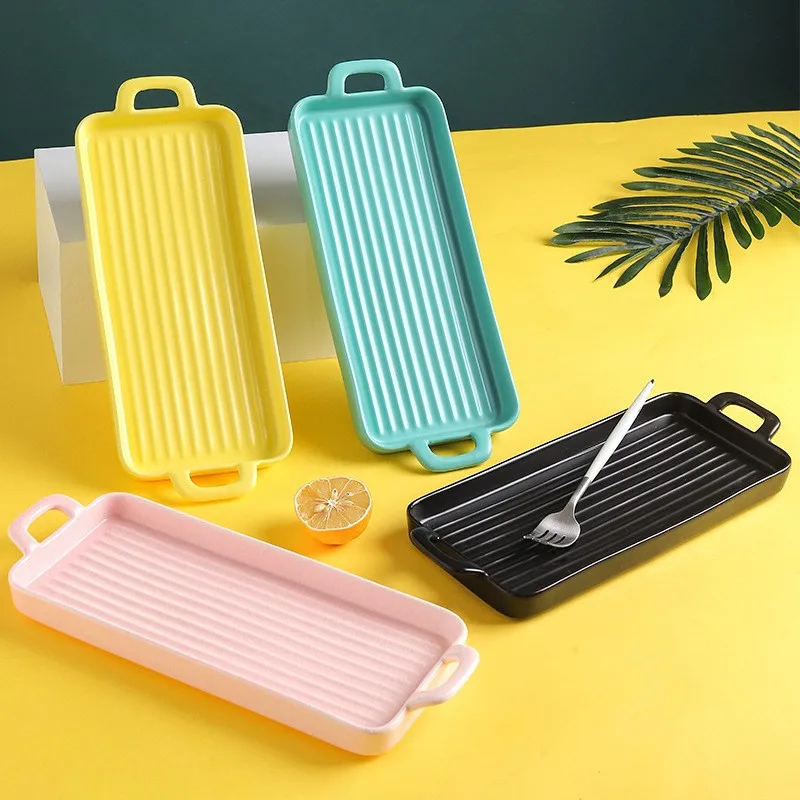 Multi Color 12.5 Inch Matte Color Nordic Type Customized Ceramic Breakfast Rectangle Bakeware Set Baking Tray With Double Handle
