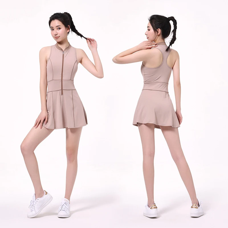 Spring/summer 2022 New clash-colored nude sports tennis fitness dress Zip-up sexy slimming sleeveless yoga wear