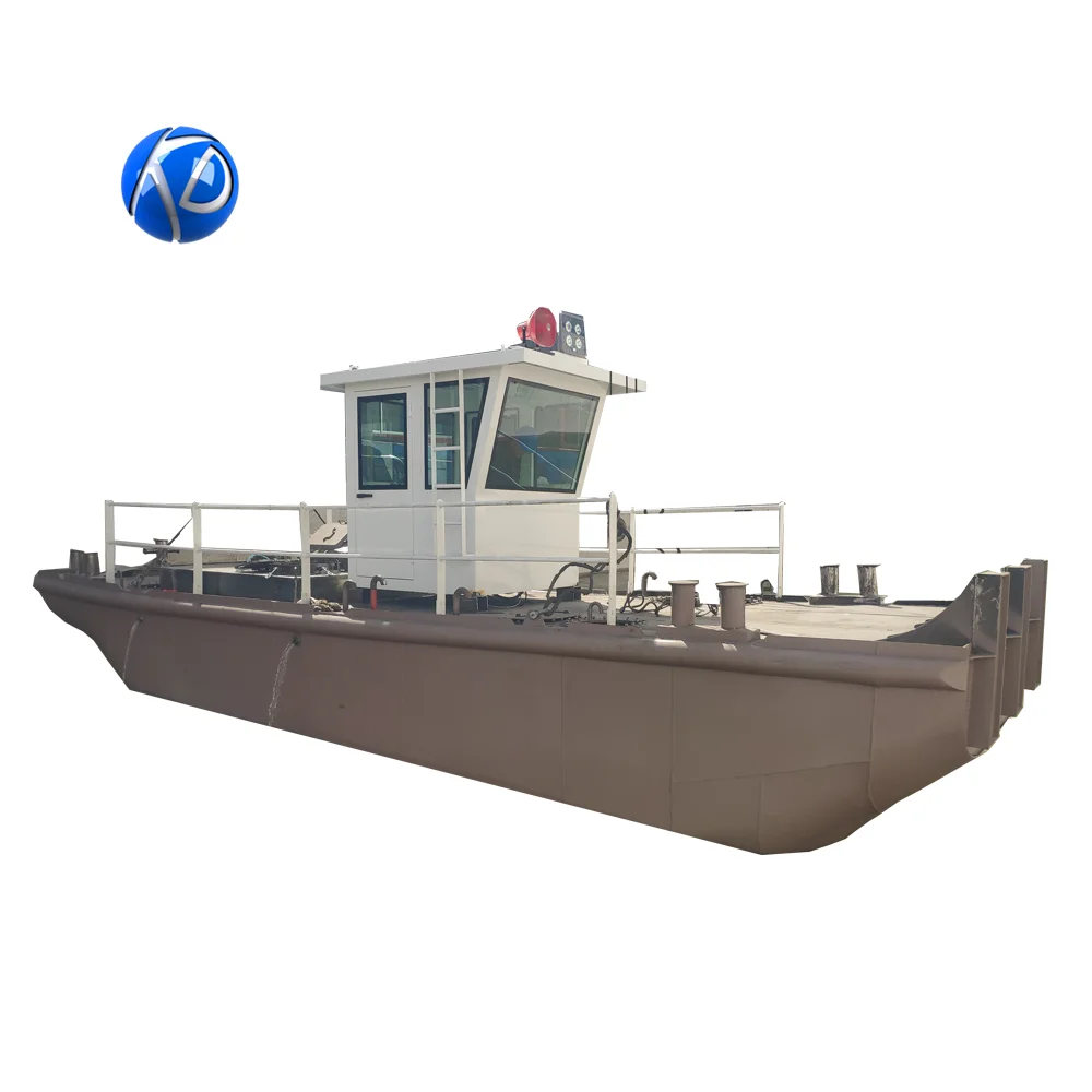 Work boat with crane for construction works on water filed