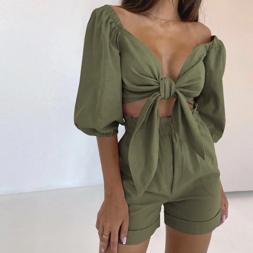 Women Two-piece Set Women Sexy Crop Tops Front Chest Lacing Full Sleeve Loose Mini Pants For Party Club