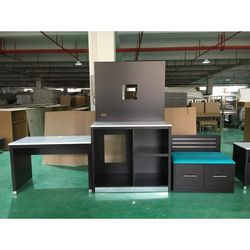 Factory Wholesale Hotel Room Furniture Soft Bed Screen Sofa Set Lounge Chair TV Cabinet Panel Table Luggage Nightstand Casegoods