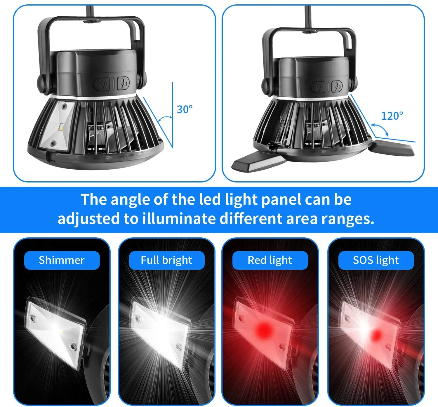 Solar Camping Fans for Tents Powered Camp Lantern with Hanging Hook 4 Speeds USB Desk