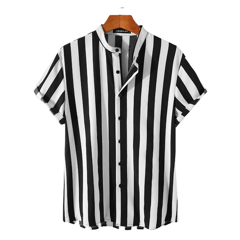 Fashion Striped Men Shirts Short Sleeve Stand Collar Shirt 5XL
