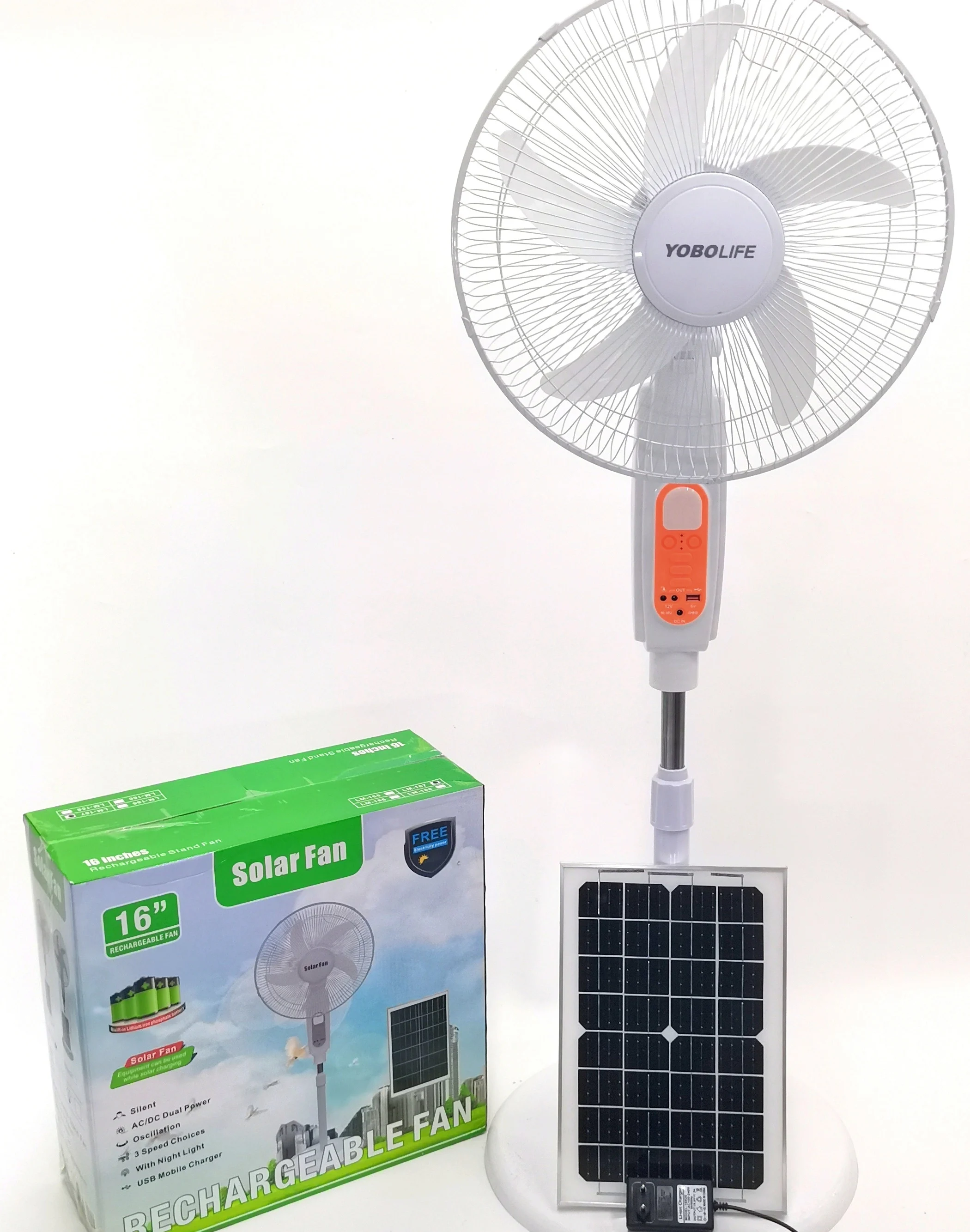 New Product 16 Inch AC/DC Operated Rechargeable Stand Solar Fan With LED Light 12V LiFePO4 Battery Long Usage Time Emergency Fan