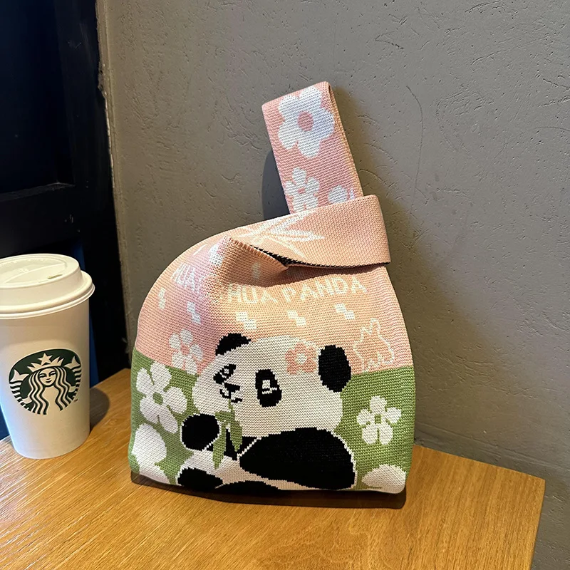 Promotional cheap gift custom small knit bag different cute pattern knitted wrist handbag knit tote woven knot bag