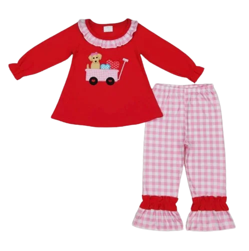 wholesale baby girl boys smocked clothing set toddler kids boutique dog wagon valentine children puppy heart embroidery smocked