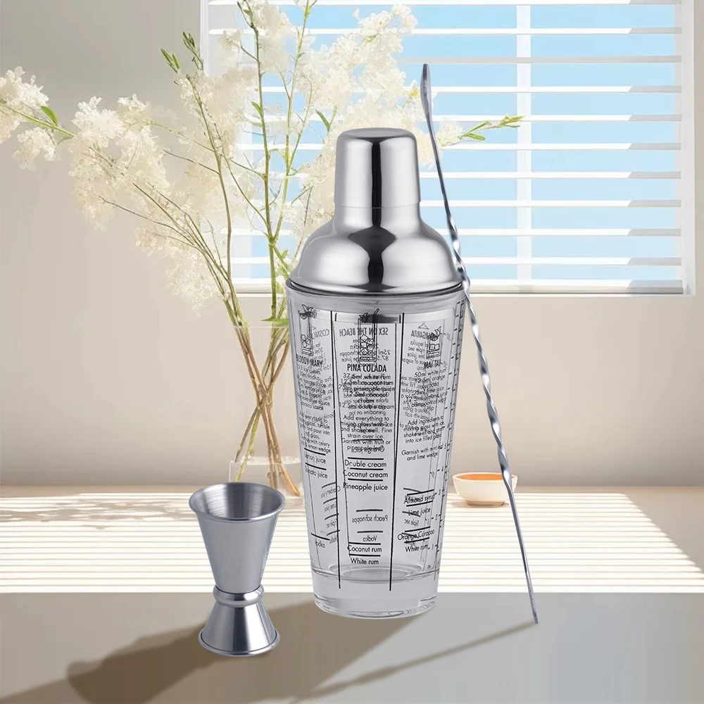 Chunda Customized New Product 3pcs Cocktail Glass Stainless Steel Cocktail Shaker Bar Set with Capacity Mark