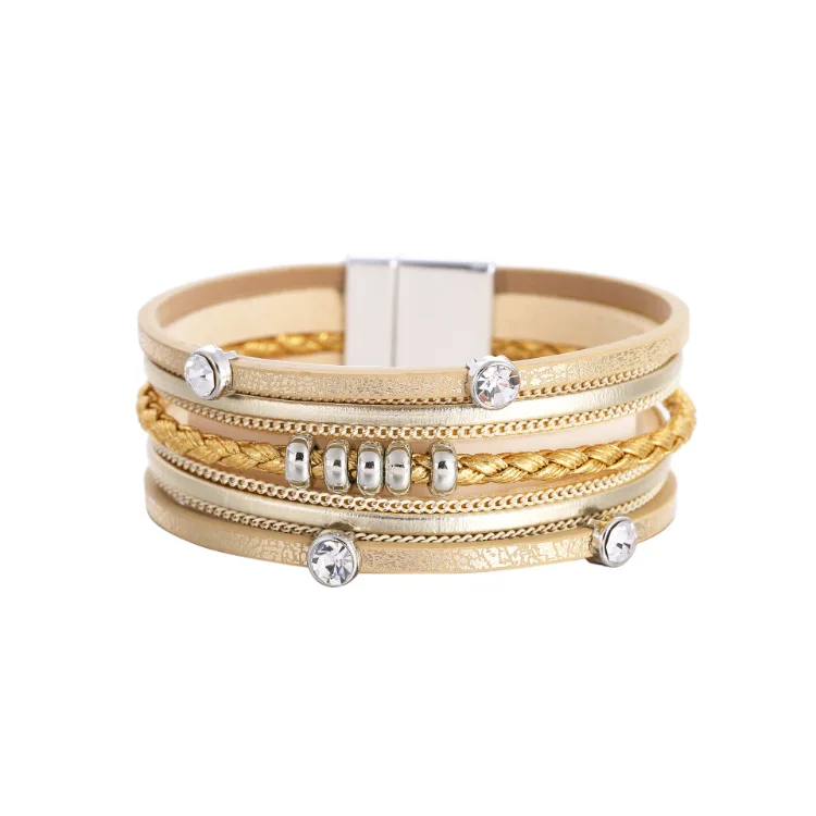 European American Women Accessories Crystal Leather Bracelet Newest Design Multi Layer Braided Rope