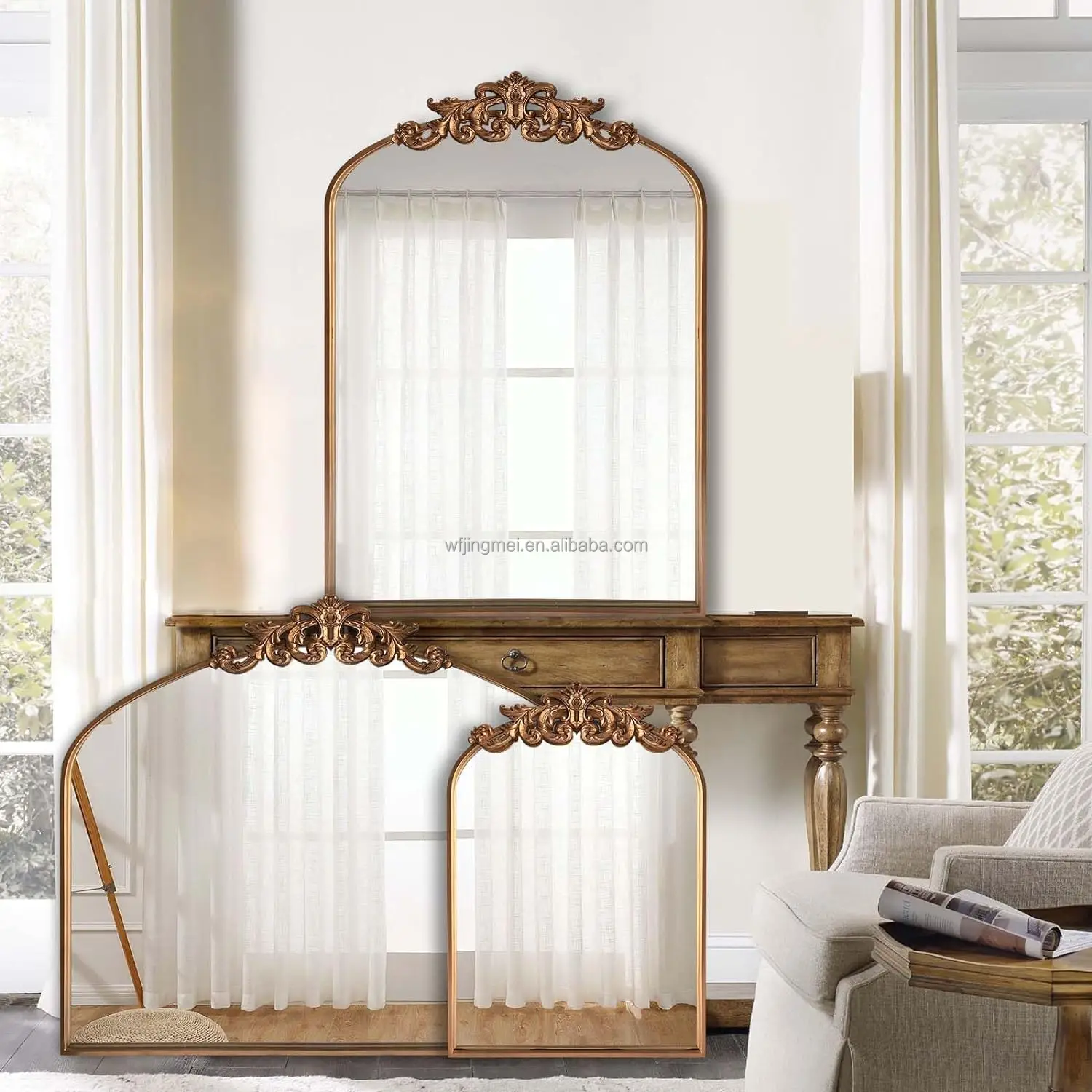 Gold Traditional Arched Mirror, Antique Brass Mirror, Vintage Ornate Baroque Mirror, Carved Mantel Mirrors for Bathroom
