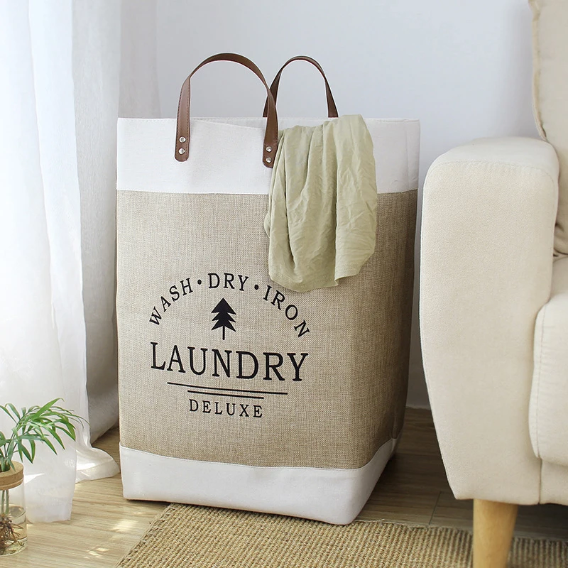 Collapsible Laundry Basket Cotton Canvas Printed Patchwork Laundry Hamper Household Storage Organizer Basket with Handle