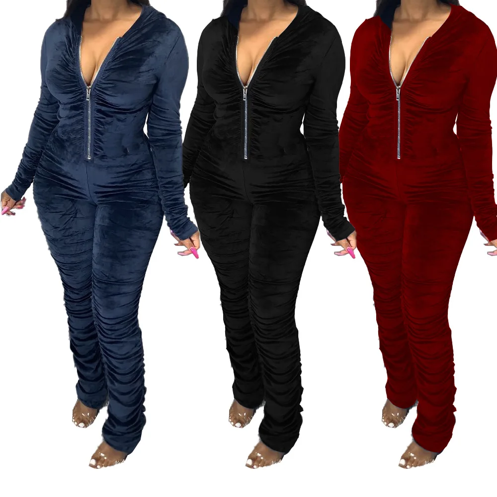 Wholesales Winter Zipper Velvet Stacked Jumpsuit