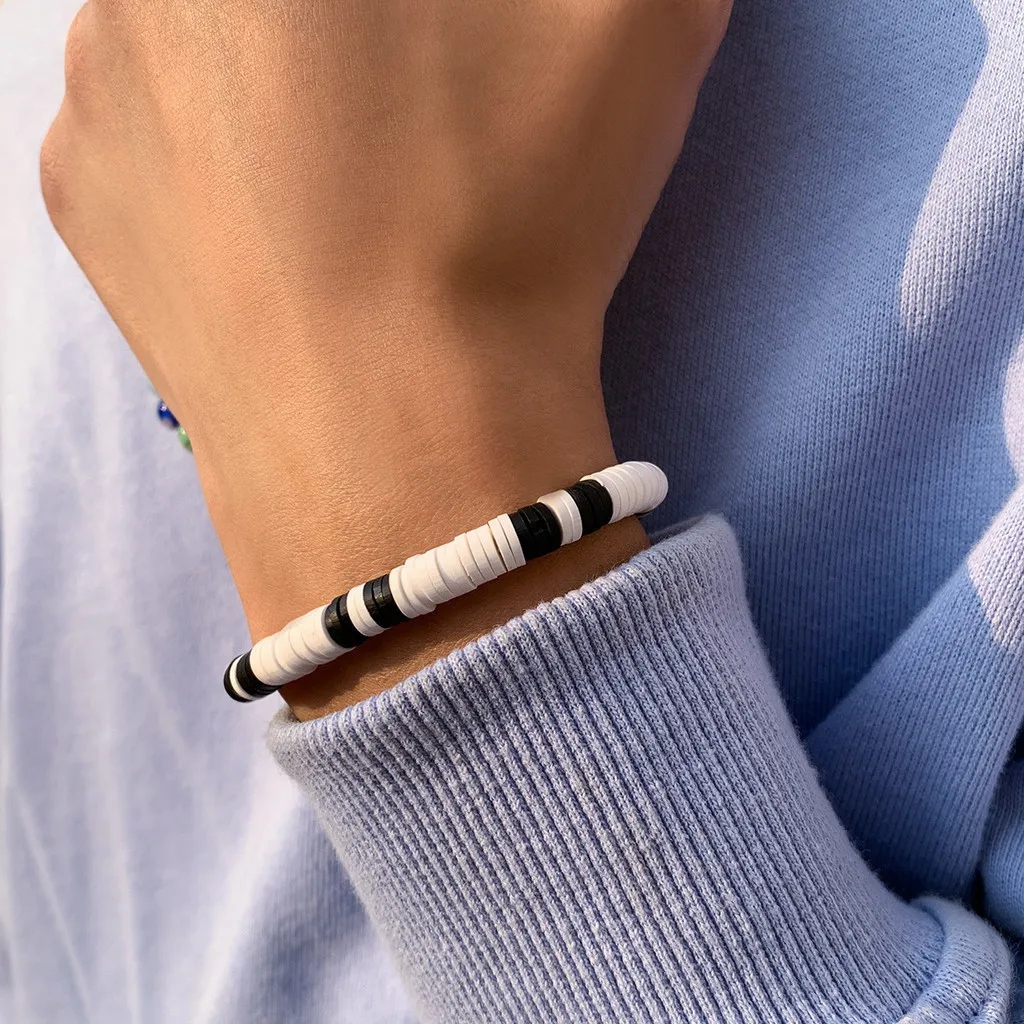 Bohemian Style Minimalist Black White Splicing Soft Ceramic Geometric Bracelets for Men Soft Pottery Jewelry