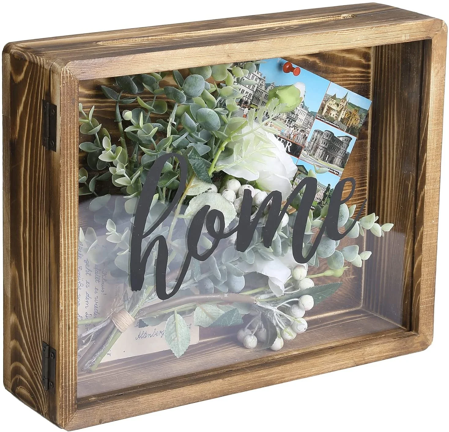 11 x 14 Rustic Burnt Wood Wall Mounted Shadow Box Frame Cabinet with Clear Acrylic Paneled Cursive Hinged Door Home Word