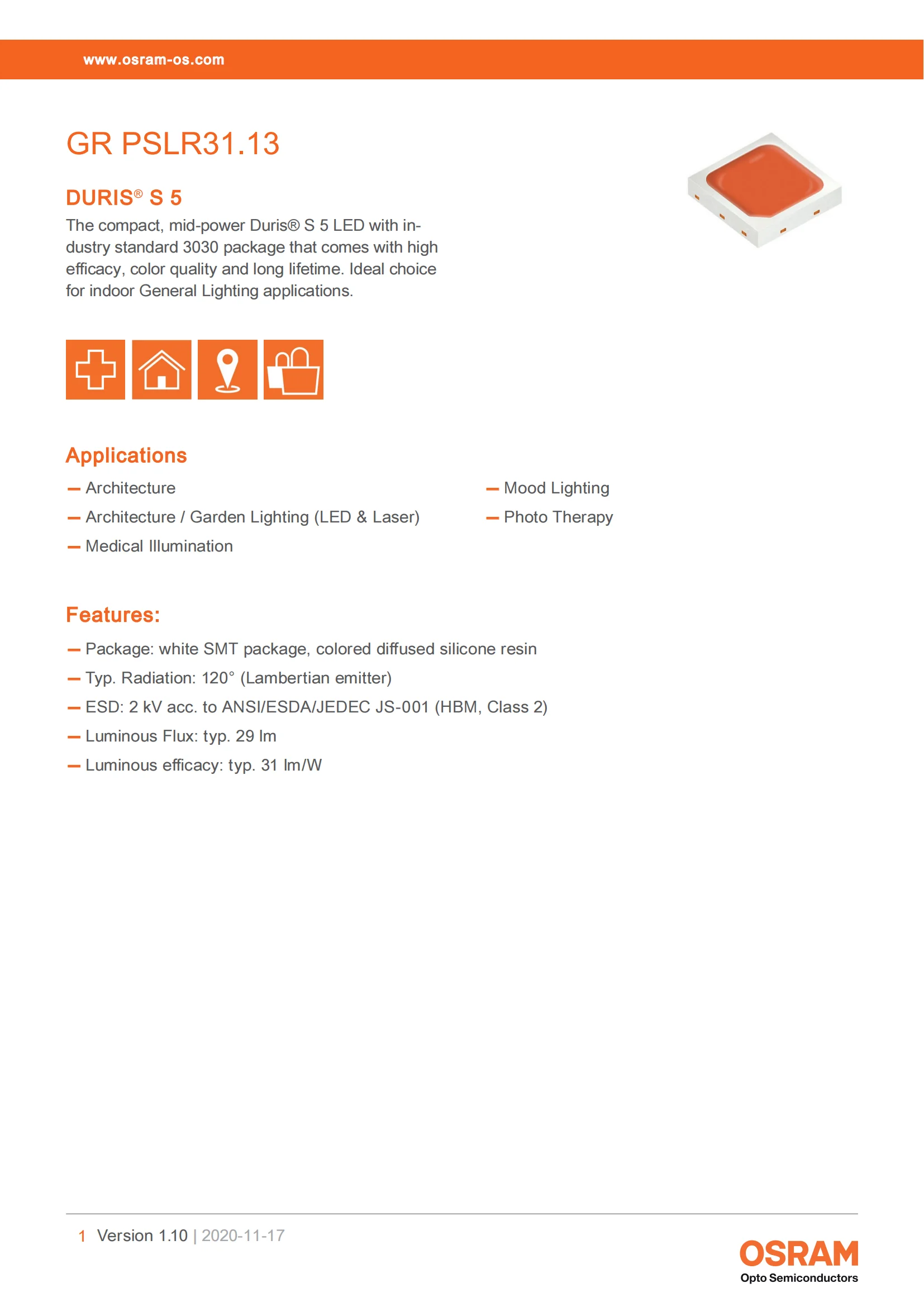 Ams-OSRAM Chip Original GR PSLR31.13-GTHP-R1R2-1 Color LED Lighting Chips