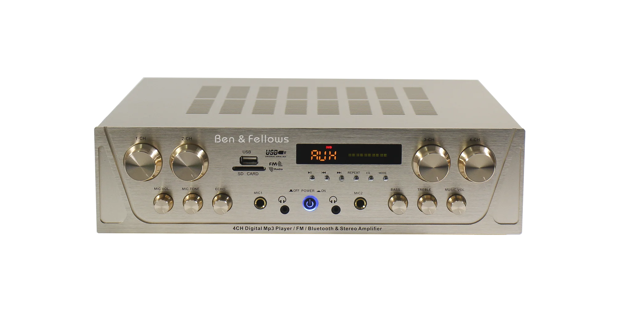 4-CH 4x80W Stereo 4-16 Ohm Bluetooth Amplifier with FM/USB/SD Card/MIC IN/Earphone OUT