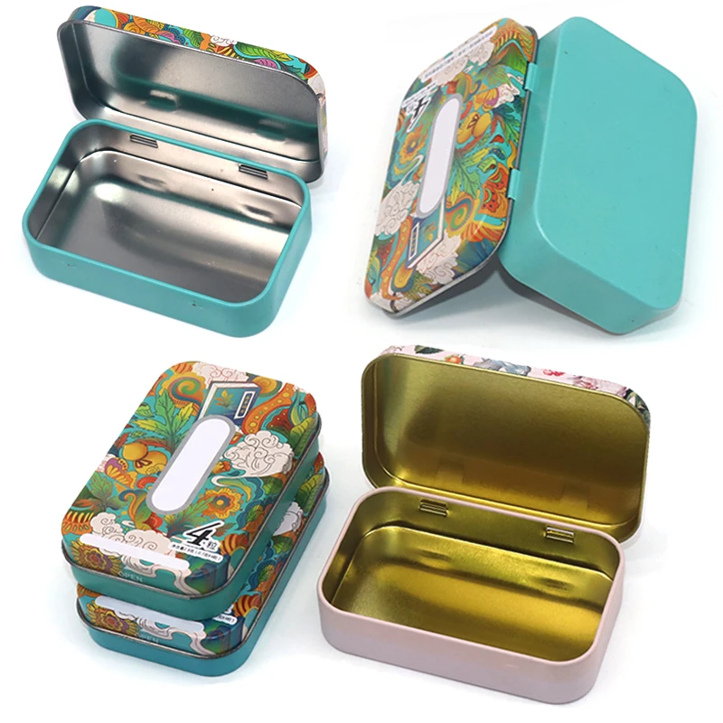 Custom Small Rectangular Hinged Lid Cigarette/Tobacco/Cigar /Gift/Candy/Mint Organizer Storage Tin Can Container Metal Tin Box