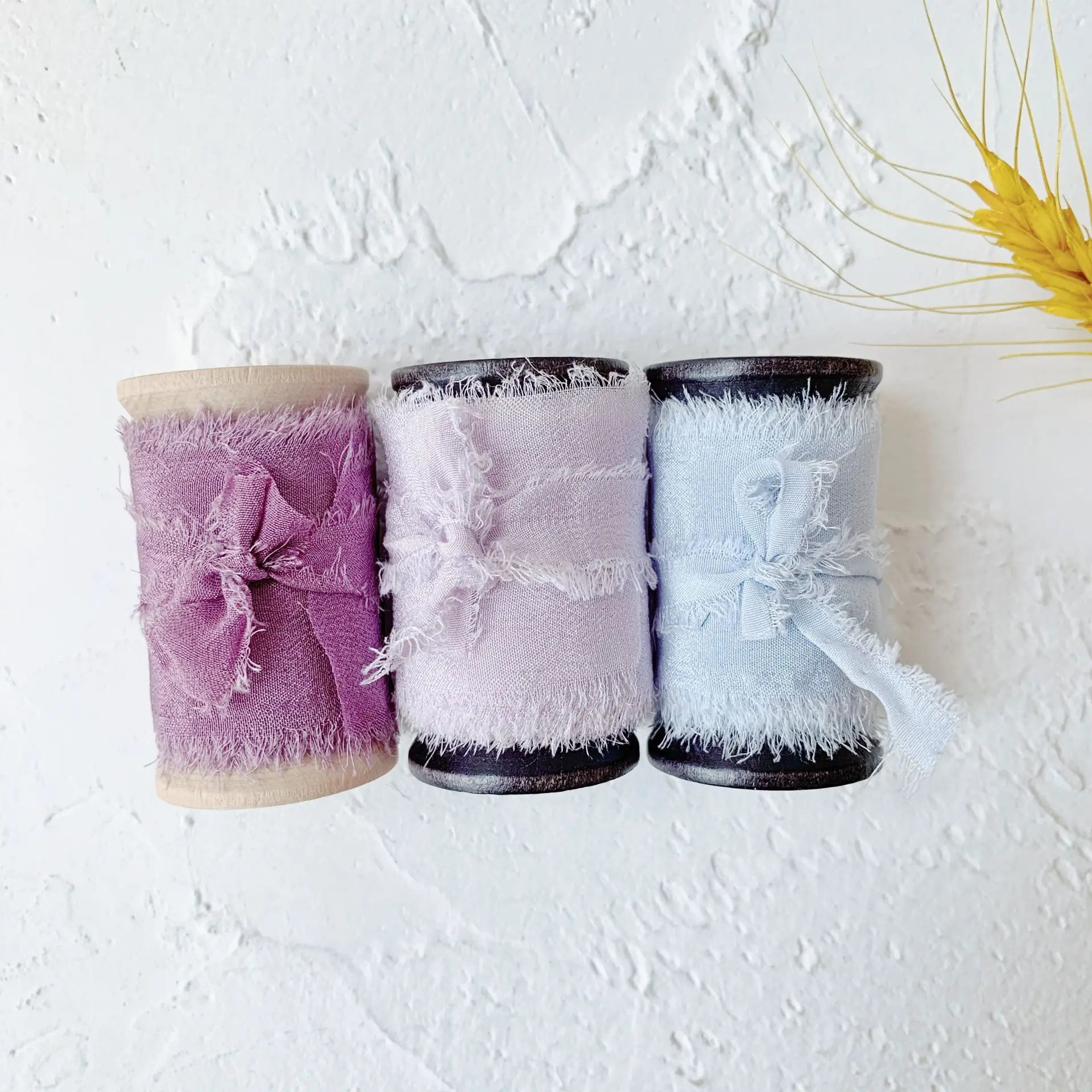 
3Rolls one Set 100% silk frayed edges ribbon ins style wedding silk ribbon woodenspools pure silk satin package ribbon wedding 