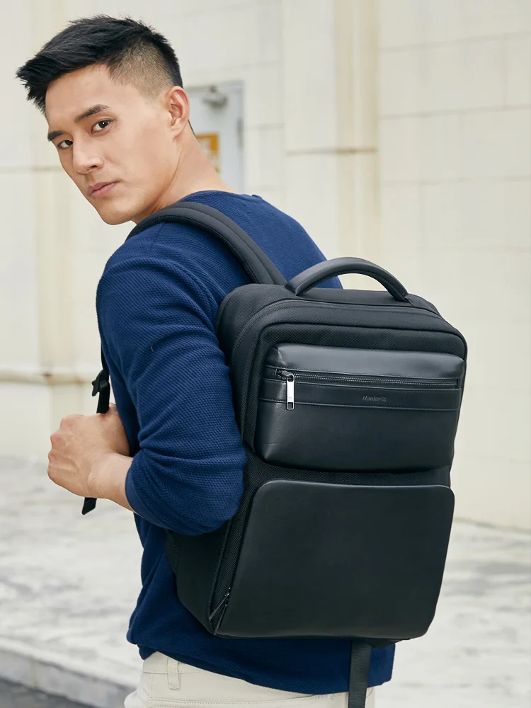 
Hanke Men Leather Backpack Bags Male Nylon Waterproof Polyester Back Pack Custom 15inch Computer Bag Leather Business Backpack 
