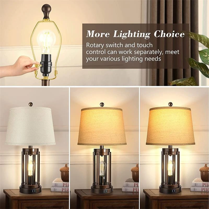 Dimmable Farmhouse Touch Lamps Modern Black Nightstand Desk Lamp with two USB ports for Living Room