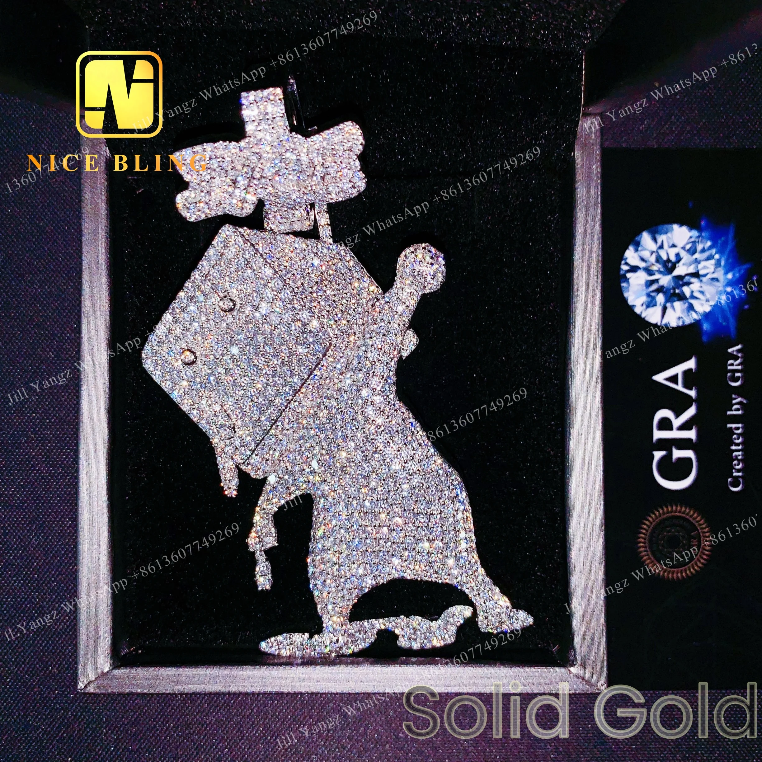 Solid Gold Moissanite Pendant Robot NGIC Certification 10k Custom Bail Hip Hop Jewelry Rock Custom Moissanite Pendant