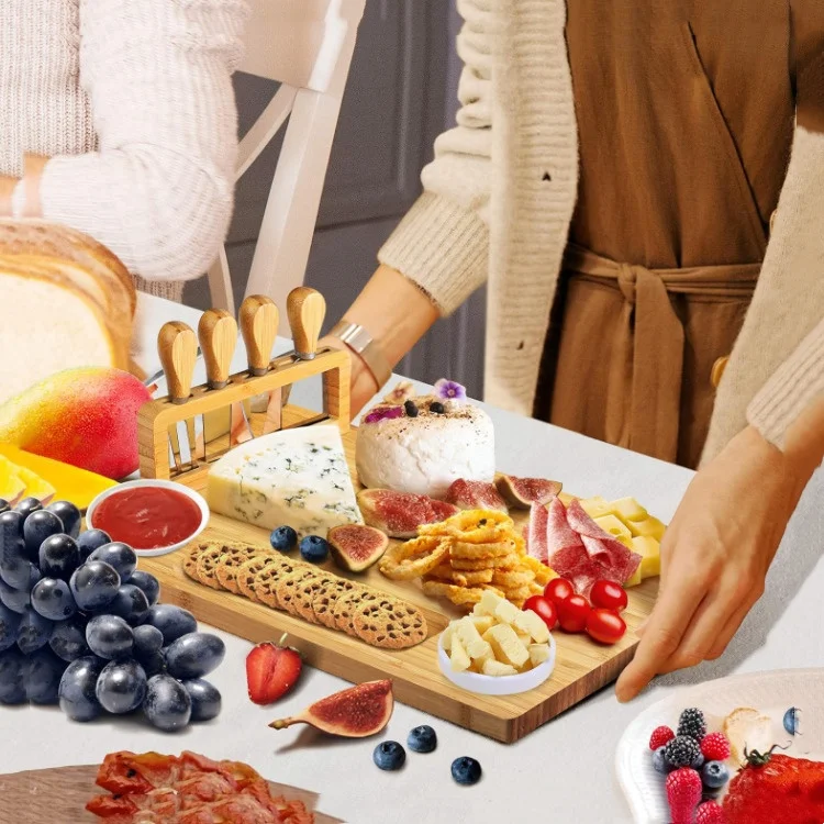Бамбуковый набор досок для сыра-мясные доски и сервировочное мясное блюдо с 4 сыром из нержавеющей стали