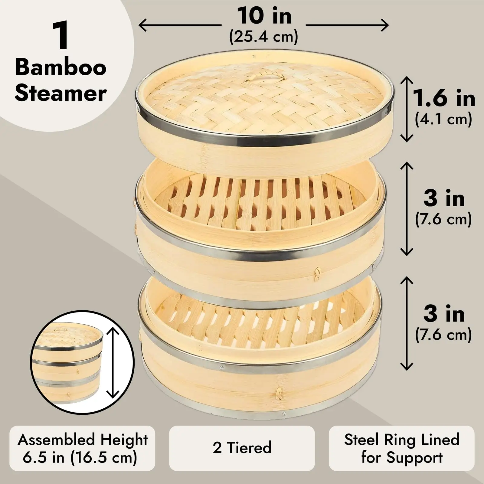 Wholesale 2 Tier  10 Inch Bamboo Steamer Basket for Kitchen,Large Capacity Dumpling,Vegetable Steamer Basket with Steel Rings