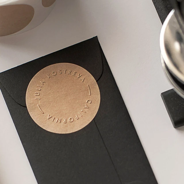 Natural kraft brown paper embossed logo label sticker wholesale