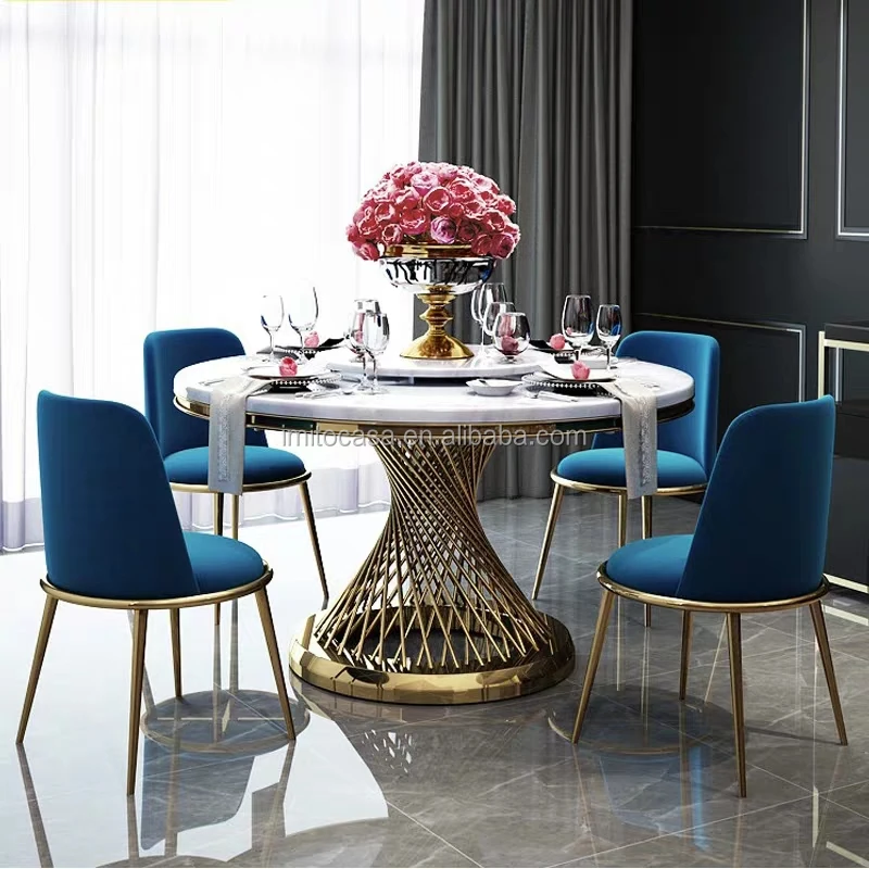 
Italy New Design White Marble Dining Table With Lazy Susan European Modern Dining Room Furniture Golden Base Round Dining Table 