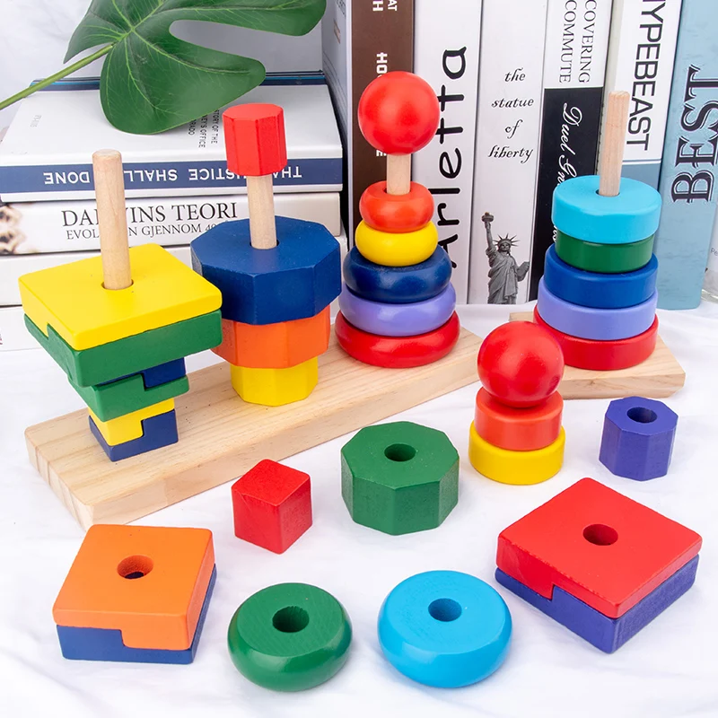 New Design wooden toys montessori educational toys Wholesale cognition color Eco-friendly toy Colored three column tower