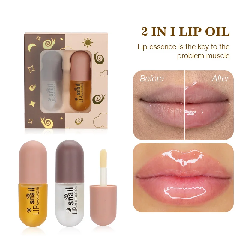 private label tinted lip oil custom packaging logo snail serum 2 in 1 thin lips essential care set glitter honey balm gloss oil