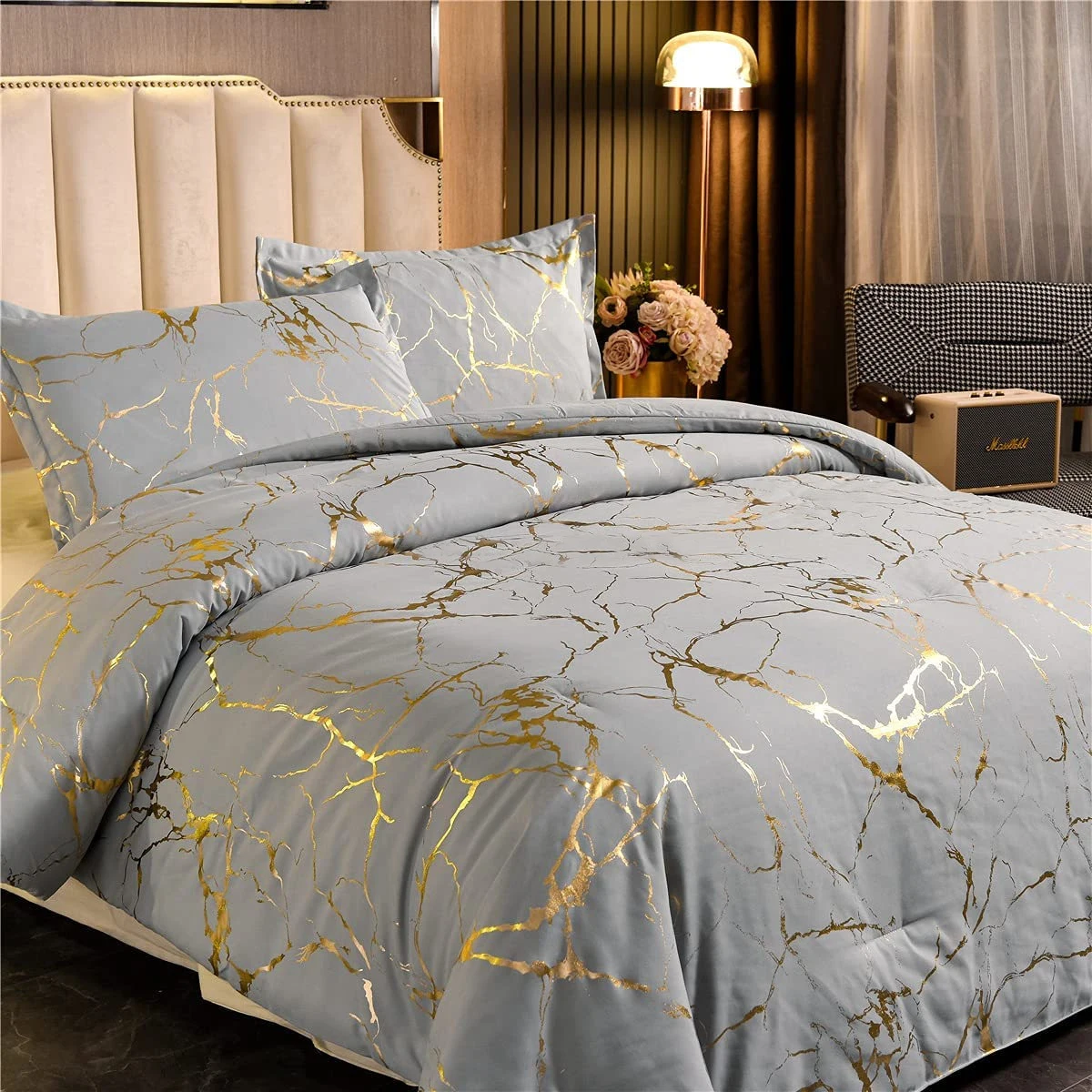 1800 thread count bedding set Marble texture mixes with gold stamp style Quilt Set comforter sets