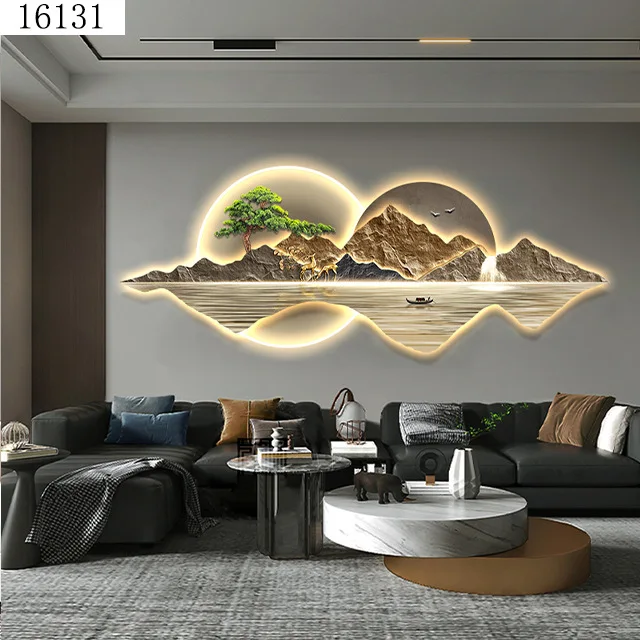 45X120CM Light luxury landscape crystal porcelain modern glass wall paintings with led home decor for living room