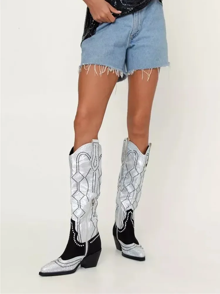 Women Crystal Boots Knee High Strange Style Knee High Boots For Women Pointed Toe Slip On Womens R iding Boots 44