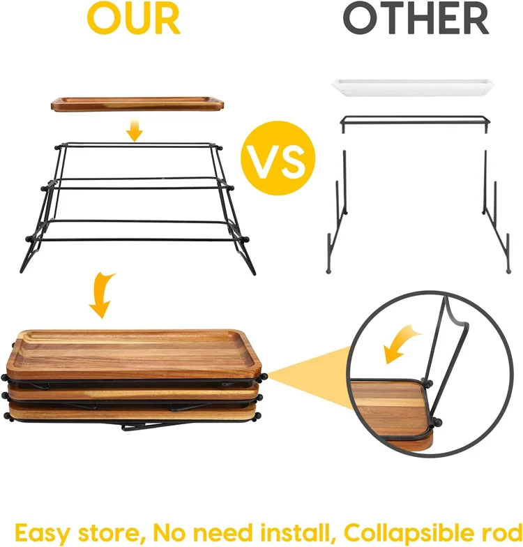 acacia wood foldable 3 tier serving tray for party