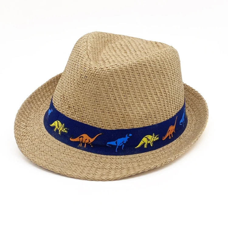 Wholesale Woven Summer Custom Kids Paper Straw Beach Visor Hats With Dinosaur Embroidered Band