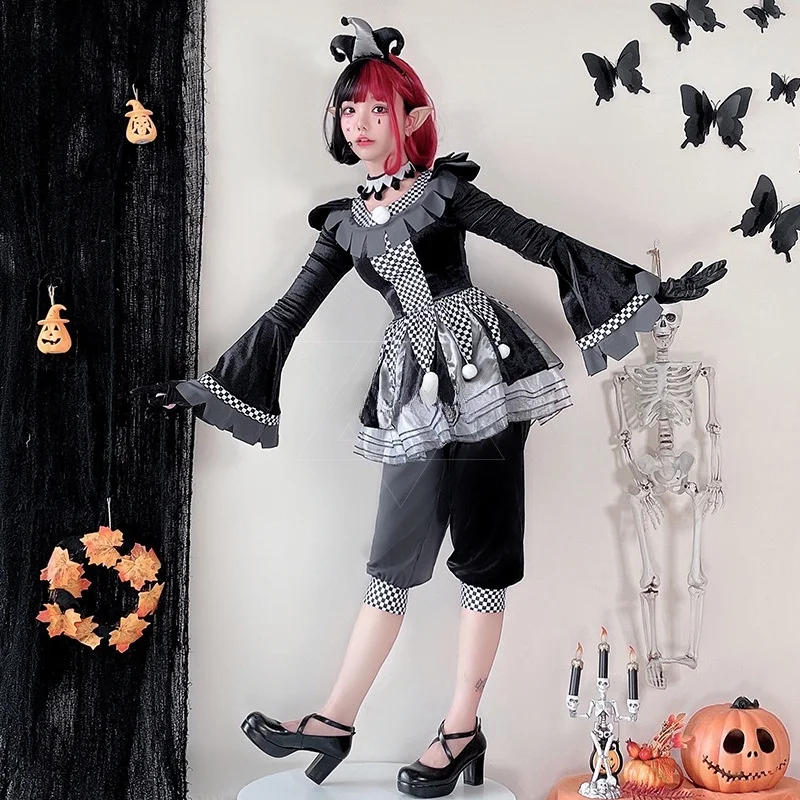 Halloween adult male and female couples costume clown suit cosplay black and white broken soul clown performance costume.